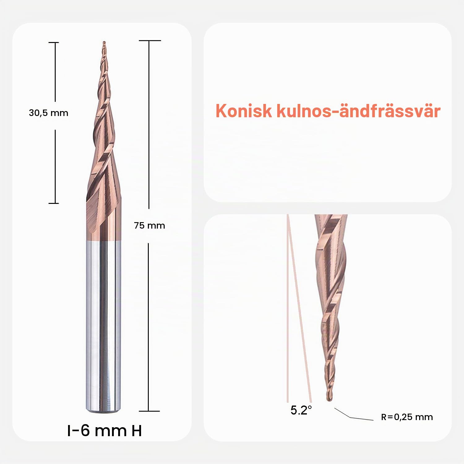 Detalle de SpeTool R0.25-D6-G konisk kulfräs med 6 mm skaft och två skär