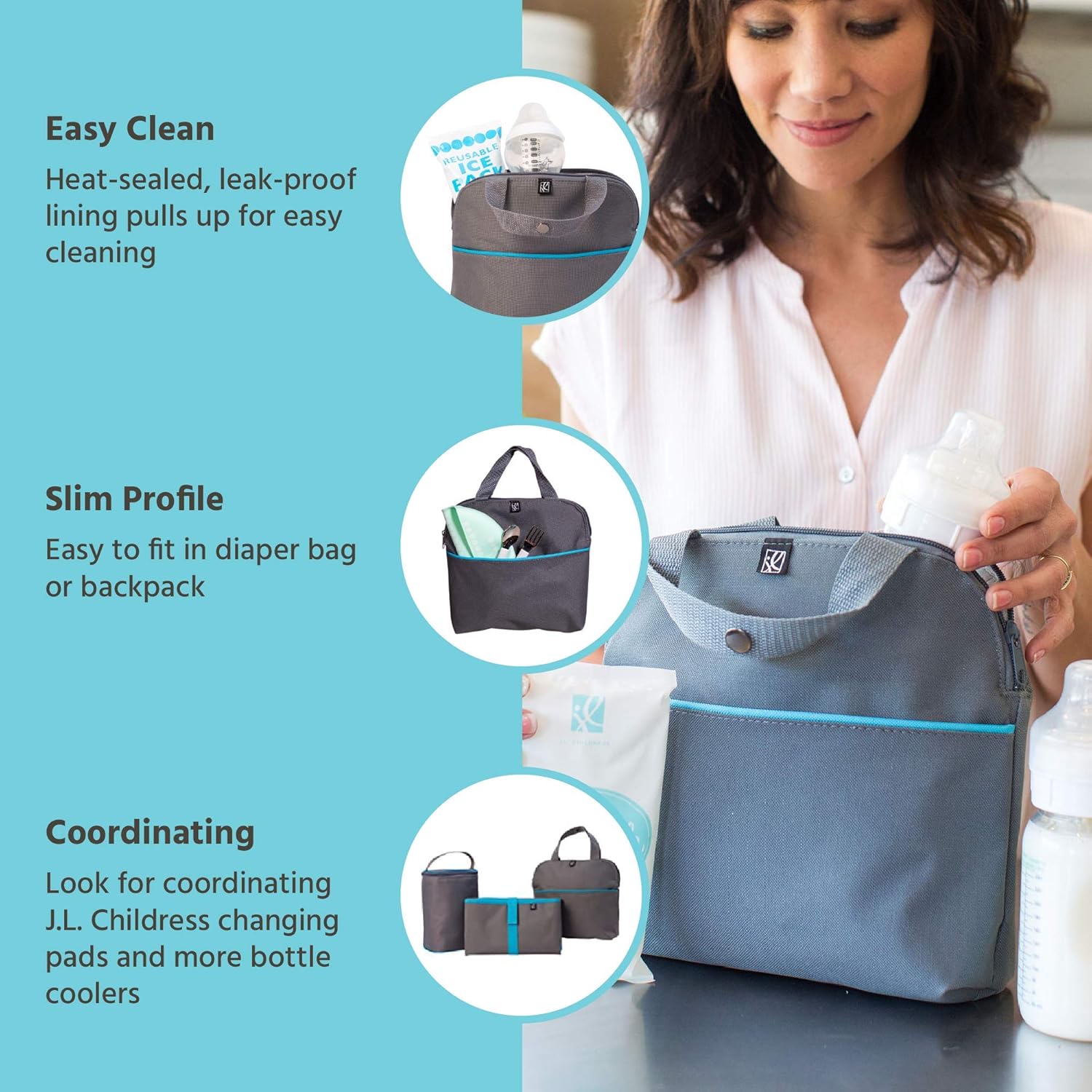 Detalle de J.L. Childress MaxiCOOL Breastmilk Cooler – 4 Bottles Insulated Travel Bag with Ice Pack