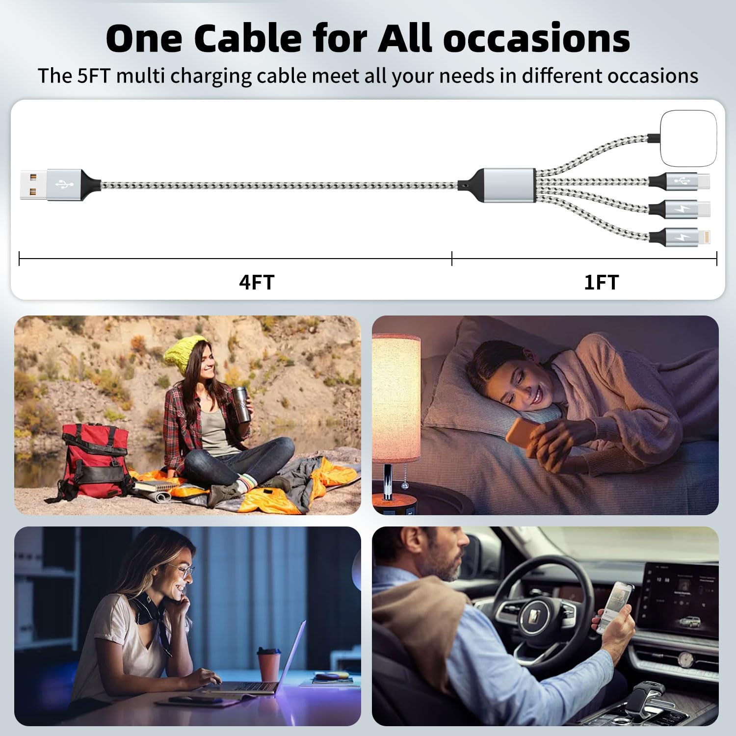 Detalle de Firsting Travel Essentials 4-in-1 Charging Cable, 3-Pack, 5 ft, USB-A