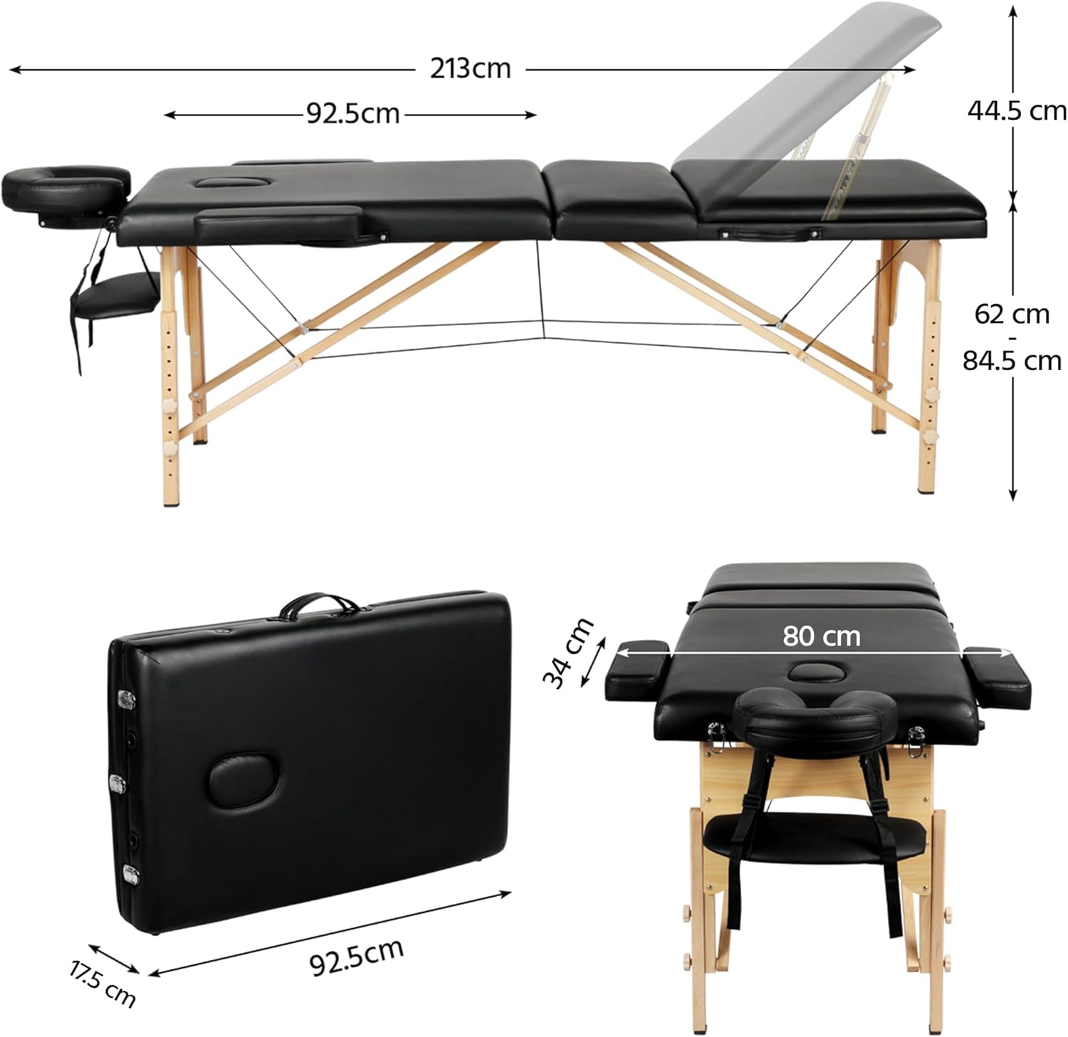 Detalle de Yaheetech 3-Zonen Massageliege – Tragbar, höhenverstellbar, mit Kopfstütze und abnehmbaren Armlehnen (Schwarz)