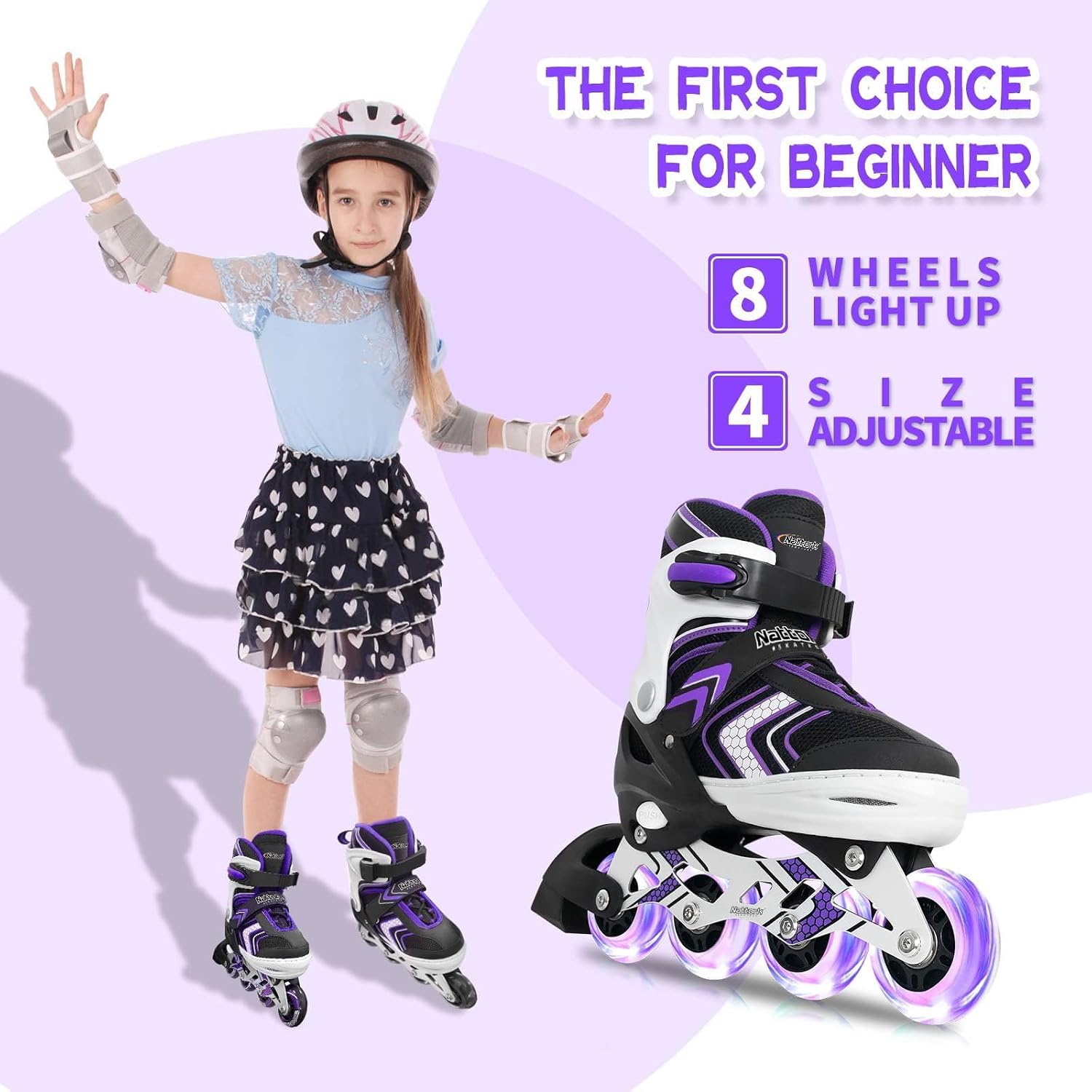 Thumbnail 6 de Nattork Adjustable Inline Skates with Full Light-Up Wheels for Kids (Purple/Pink/Blue/Black)