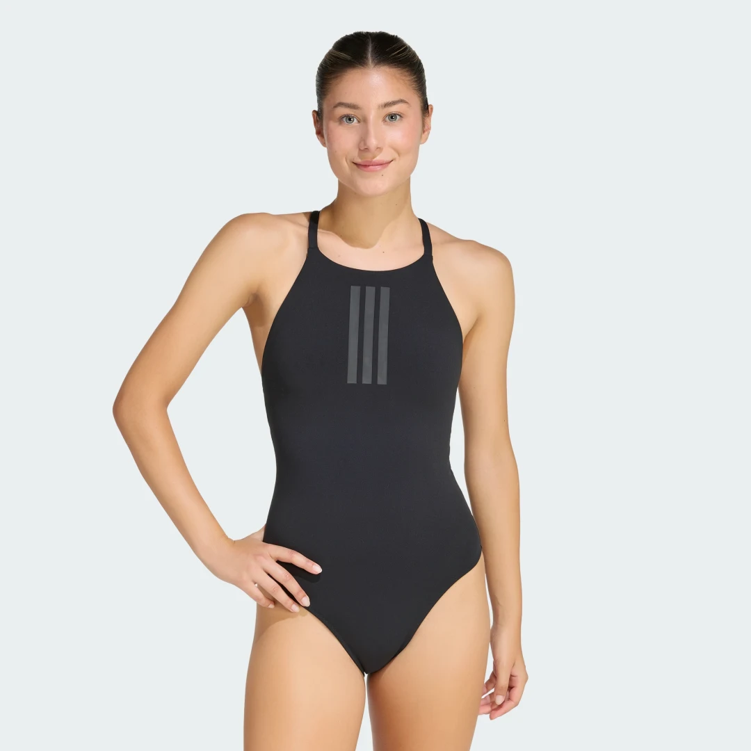 Detalle de Bañador de cuello alto y tirantes de doble ajuste PeacHSOFT 3 Stripes – Adidas