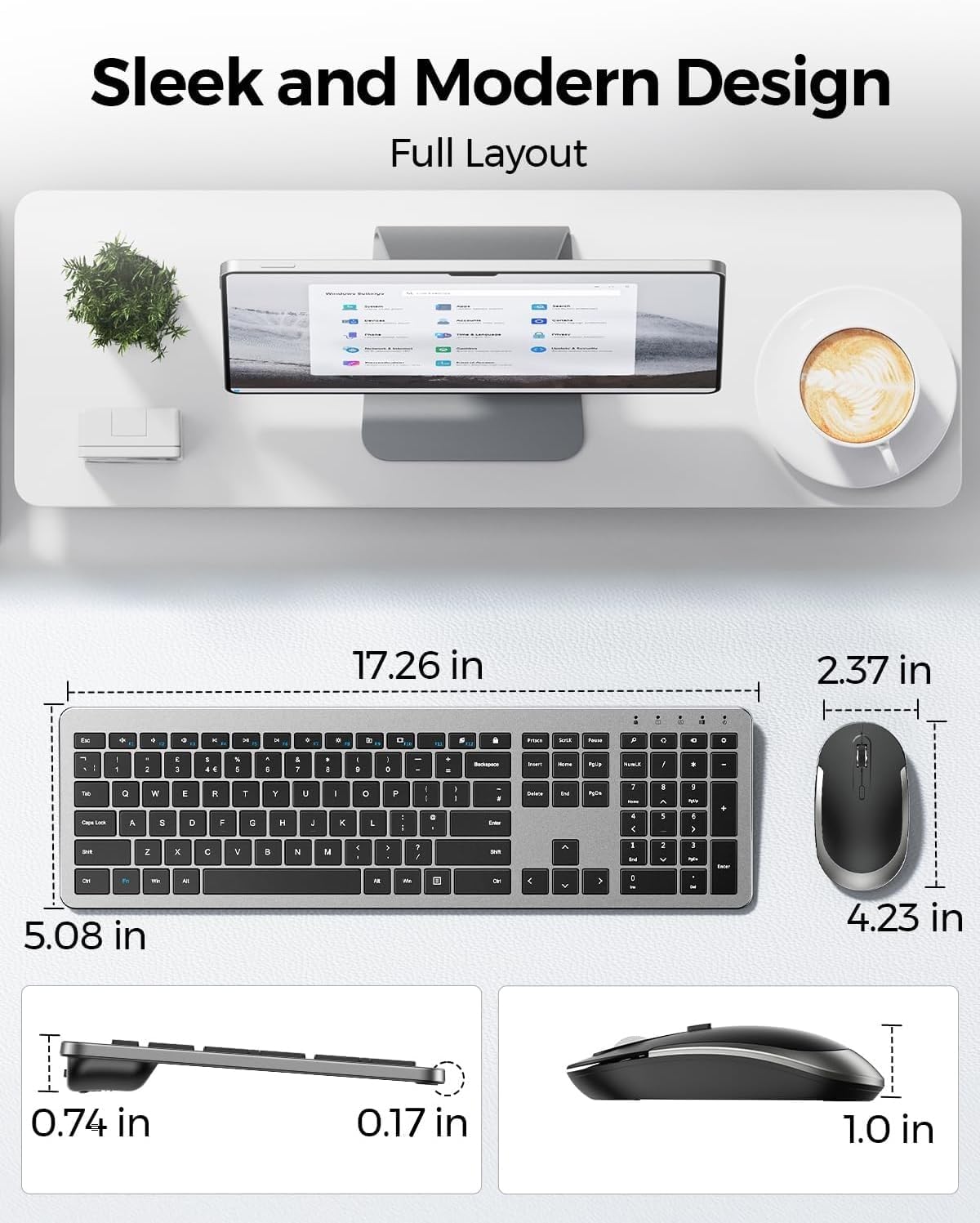Detalle de Seenda SK38 Wireless Keyboard and Mouse Set — Ultra Slim, Quiet, Full-Size UK Layout (QWERTY) with Numeric Keypad
