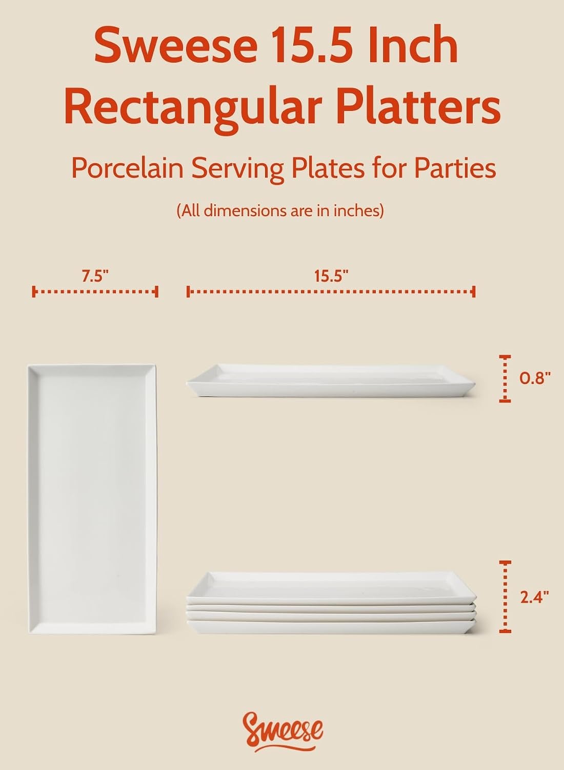 Thumbnail 1 de Sweese White Serving Platters: 15.5 Inch Porcelain Rectangular Trays (Set of 4)