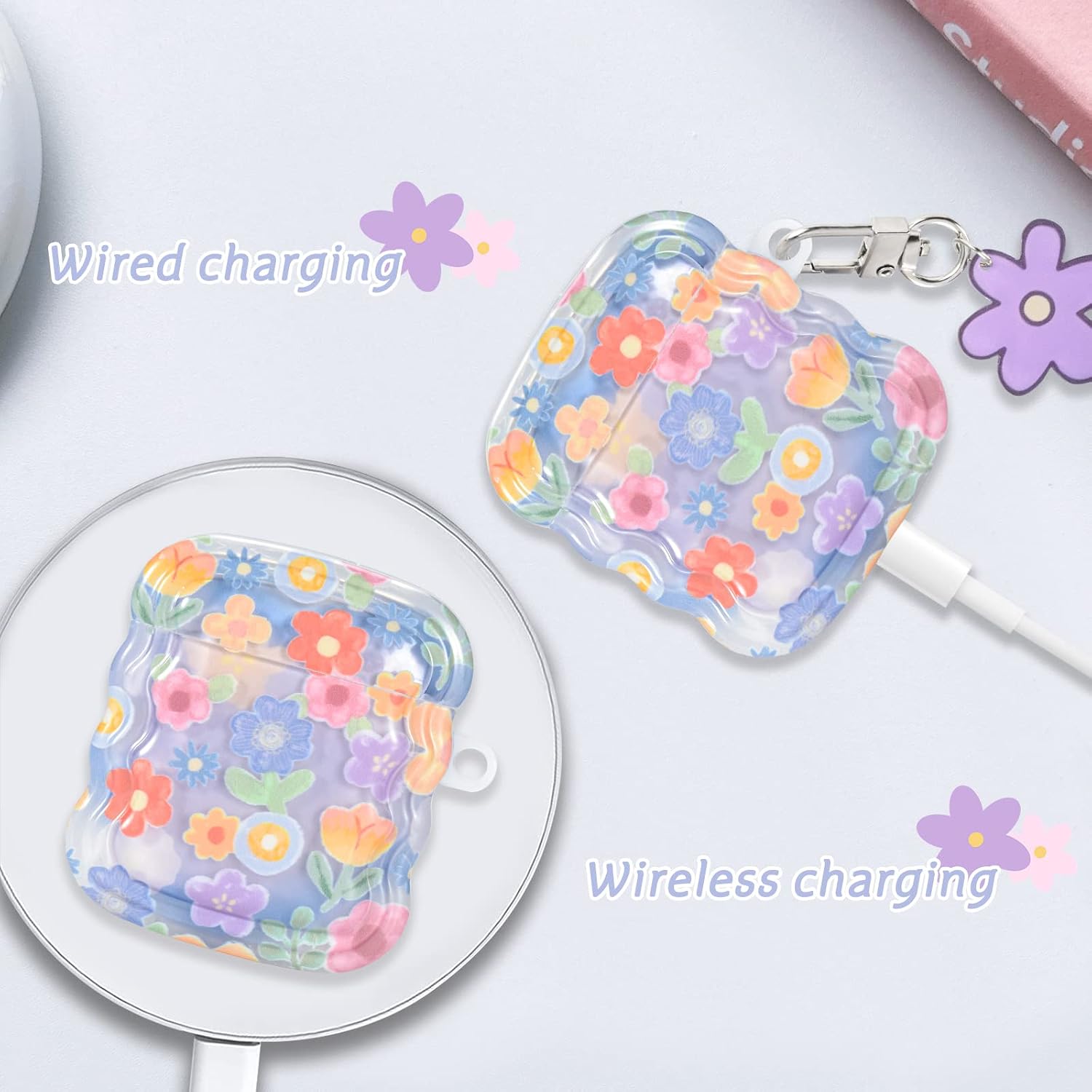 Thumbnail 4 de Newseego AirPods 1/2 Case Cover with Flower Pattern – Soft TPU, Shockproof Protection + Keychain
