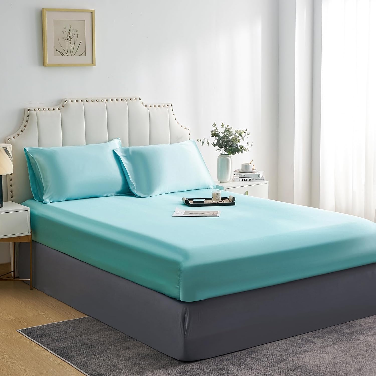 Detalle 2 de DuShow Double Satin Fitted Sheet with Deep Pocket — Blue, 85gsm Polyester Satin
