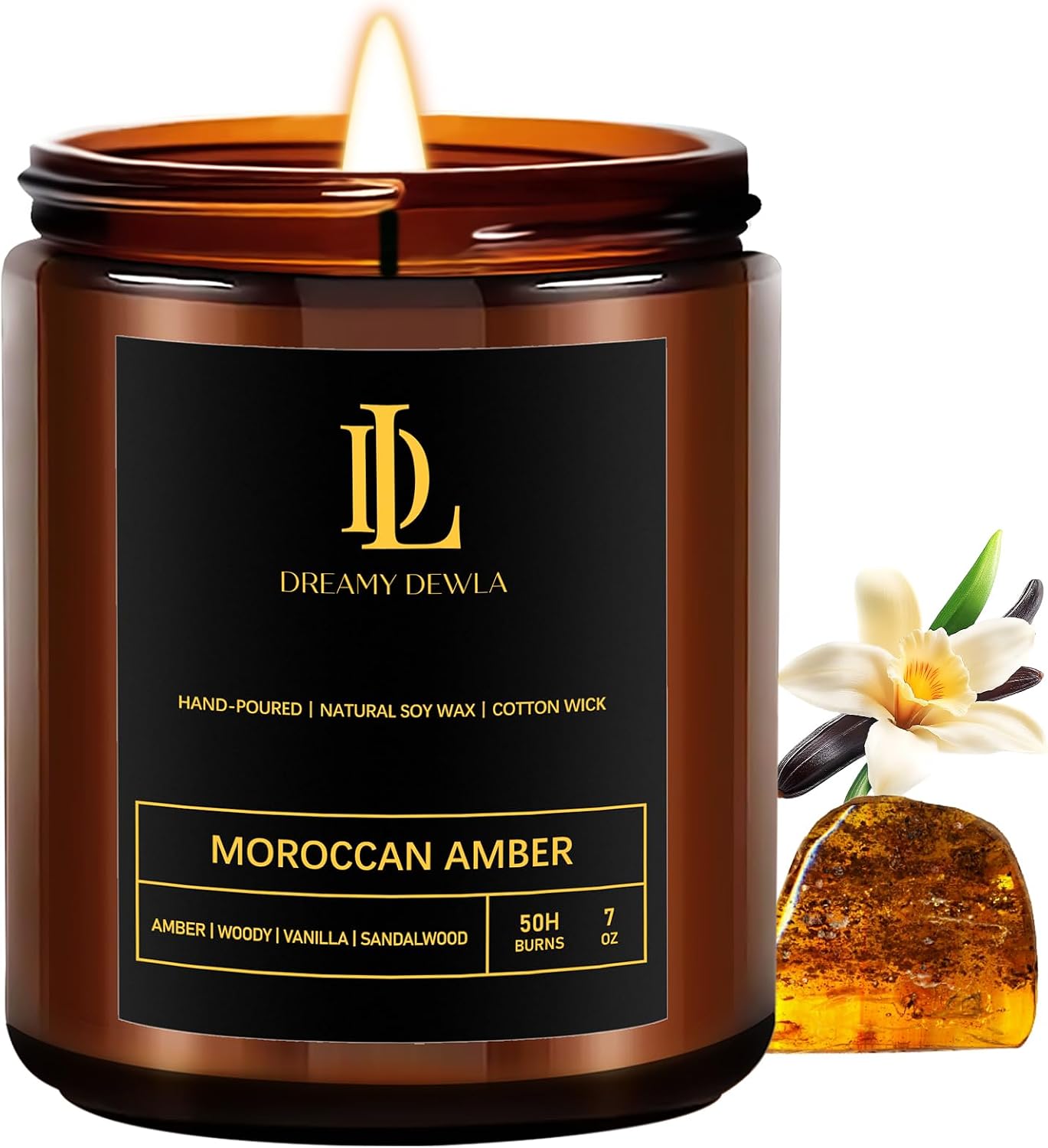 Detalle de DL DREAMY DEWLA Moroccan Amber Soy Wax Candle, 7 oz Glass Jar