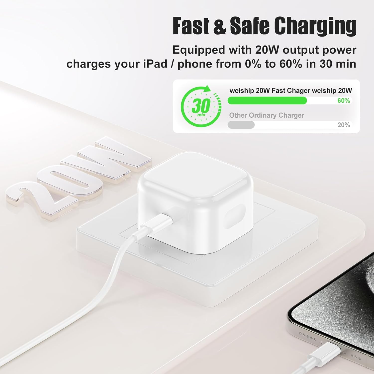 Thumbnail 3 de Weiship iPad Charger and Plug — 20W USB-C Charger with 2m Cable (Type-C) for iPhone and iPad