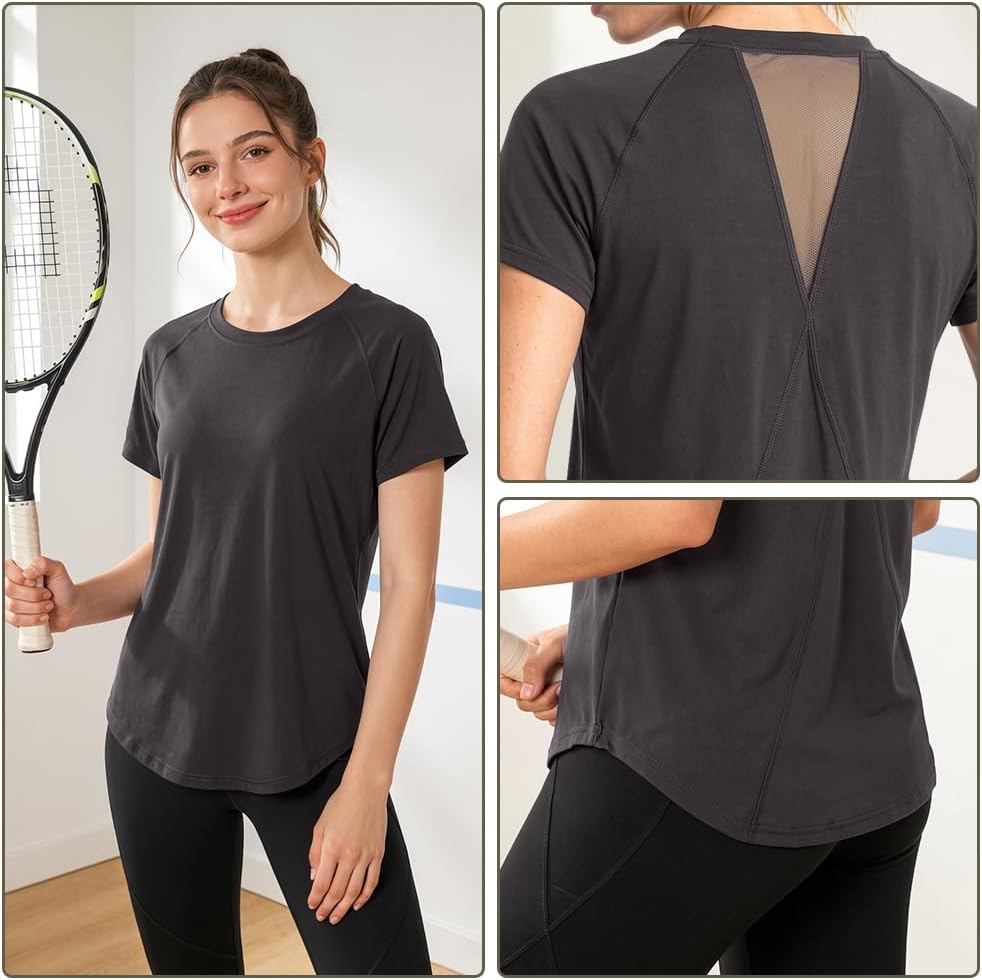 Detalle de Maglietta sportiva donna DiULi con manica corta, elastico e schiena in rete traspirante (M-XL)