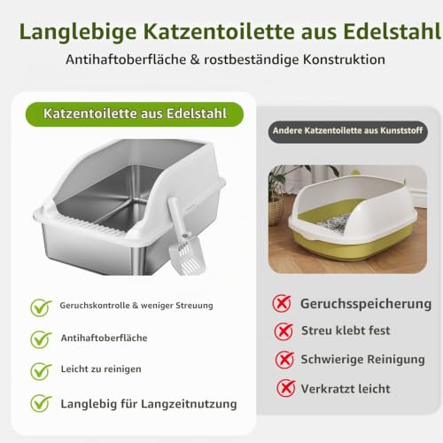 Detalle de KISENG Edelstahl Katzentoilette XL – Schrägwand, Kratzfest, geruchsfrei