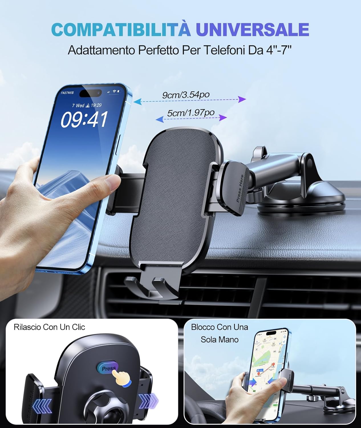 Thumbnail 2 de CIRYCASE Porta Cellulare Auto con ventosa extra-larga 360° ruotabile per smartphone 4–7