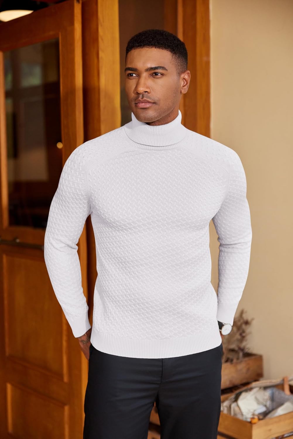 Thumbnail 1 de COOFANDY Pull Col Roulé Homme Tricoté Doux — Pull d’hiver élastique et élégant