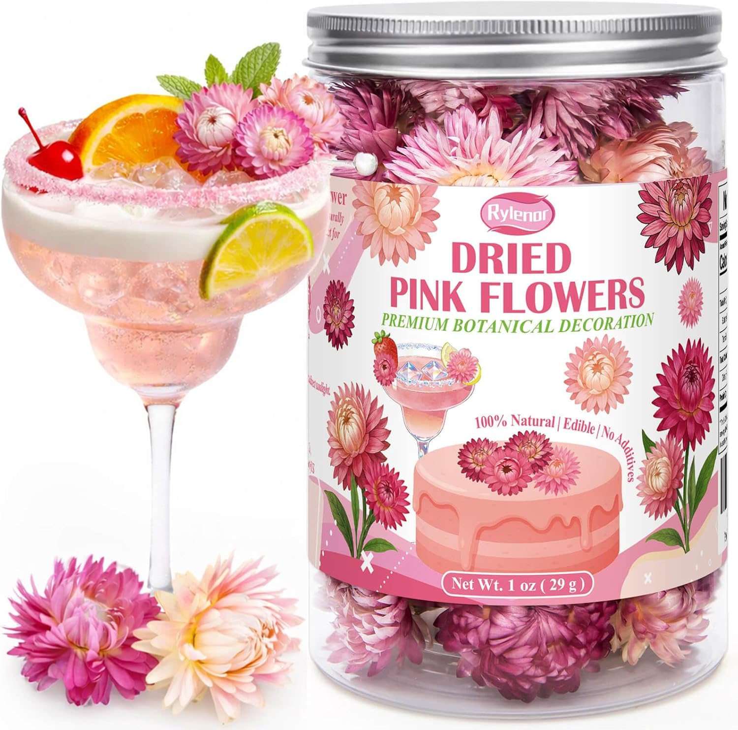 Detalle de Rylenor Edible Pink Dried Strawflowers, Food-Grade Helichrysum, 50+ Pieces