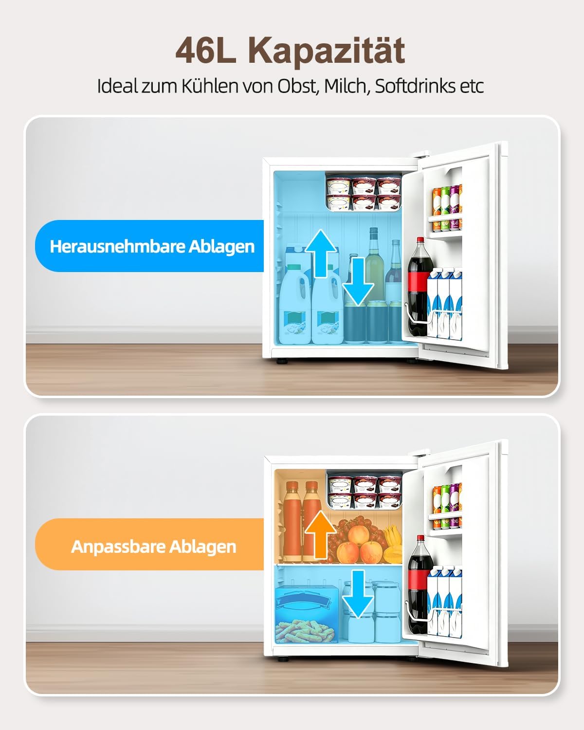 Detalle de WELLENT 46L Mini Kühlschrank – kompakt, leise und flexibel mit wechselbarem Türanschlag
