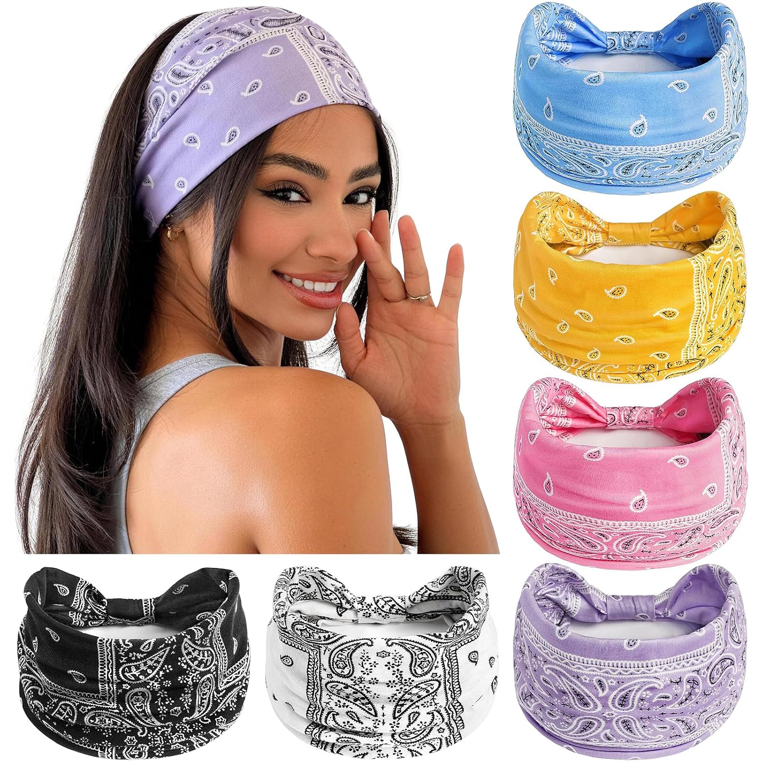 Detalle de Awumbuk Wide Headbands for Women, Purple Boho Paisley, 6 Count