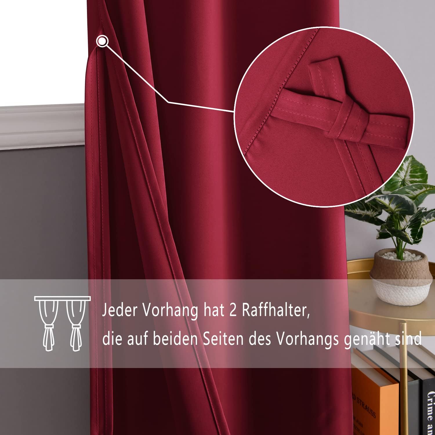 Detalle de DWCN Rideaux occultants thermiques anti-froid avec œillets, rouge (lot de 2), 132x137 cm
