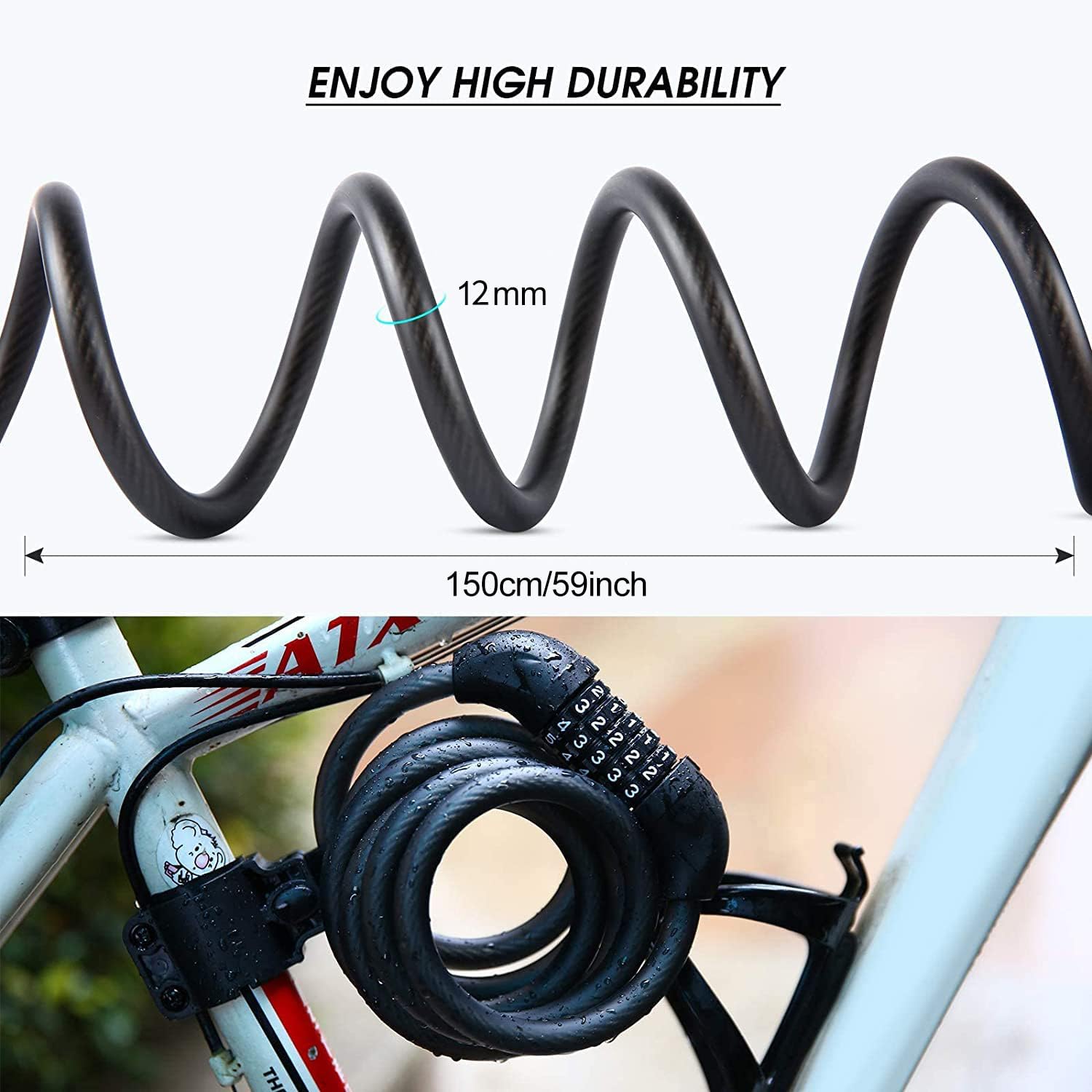 Detalle 2 de Bike Lock Cable Bicycle Lock – resettable 5-digit high-security combination lock (1500mm x 12mm)