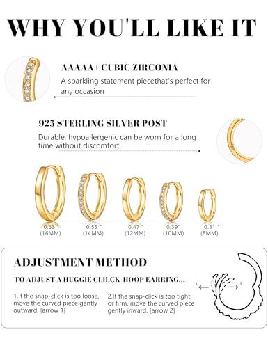 Detalle de JEMARA Gold Hoops Earrings – 5 Pairs of 14K Gold Plated Hypoallergenic Small Hoops