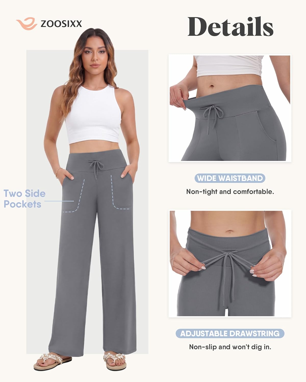 Detalle de ZOOSIXX Capri Pants for Women – Wide Leg Loose Casual Trousers with Pockets, High-Waisted Drawstring Summer Pant