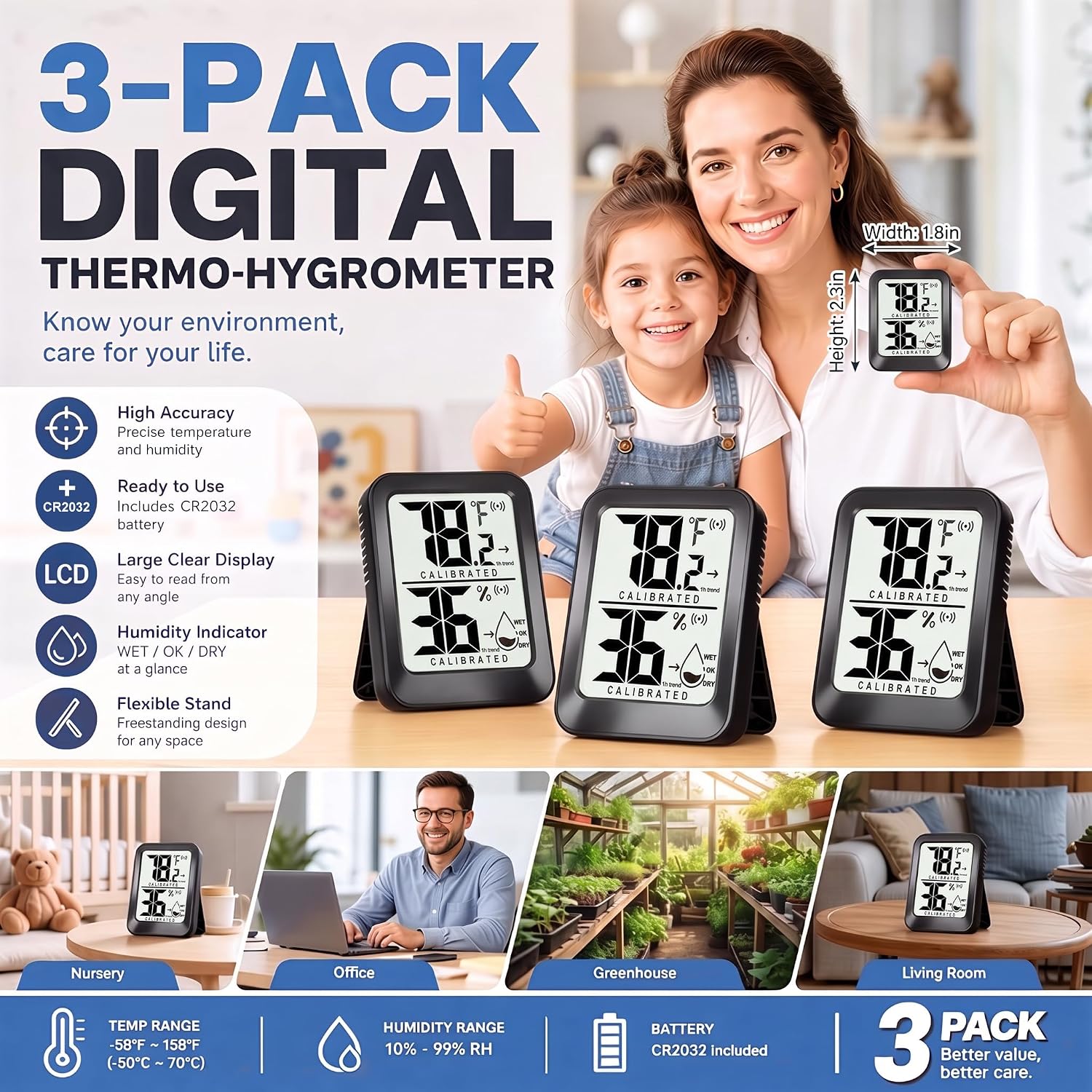 Detalle de AyayaBoss 3-Pack Indoor Thermometer Hygrometer with Trend and Stand