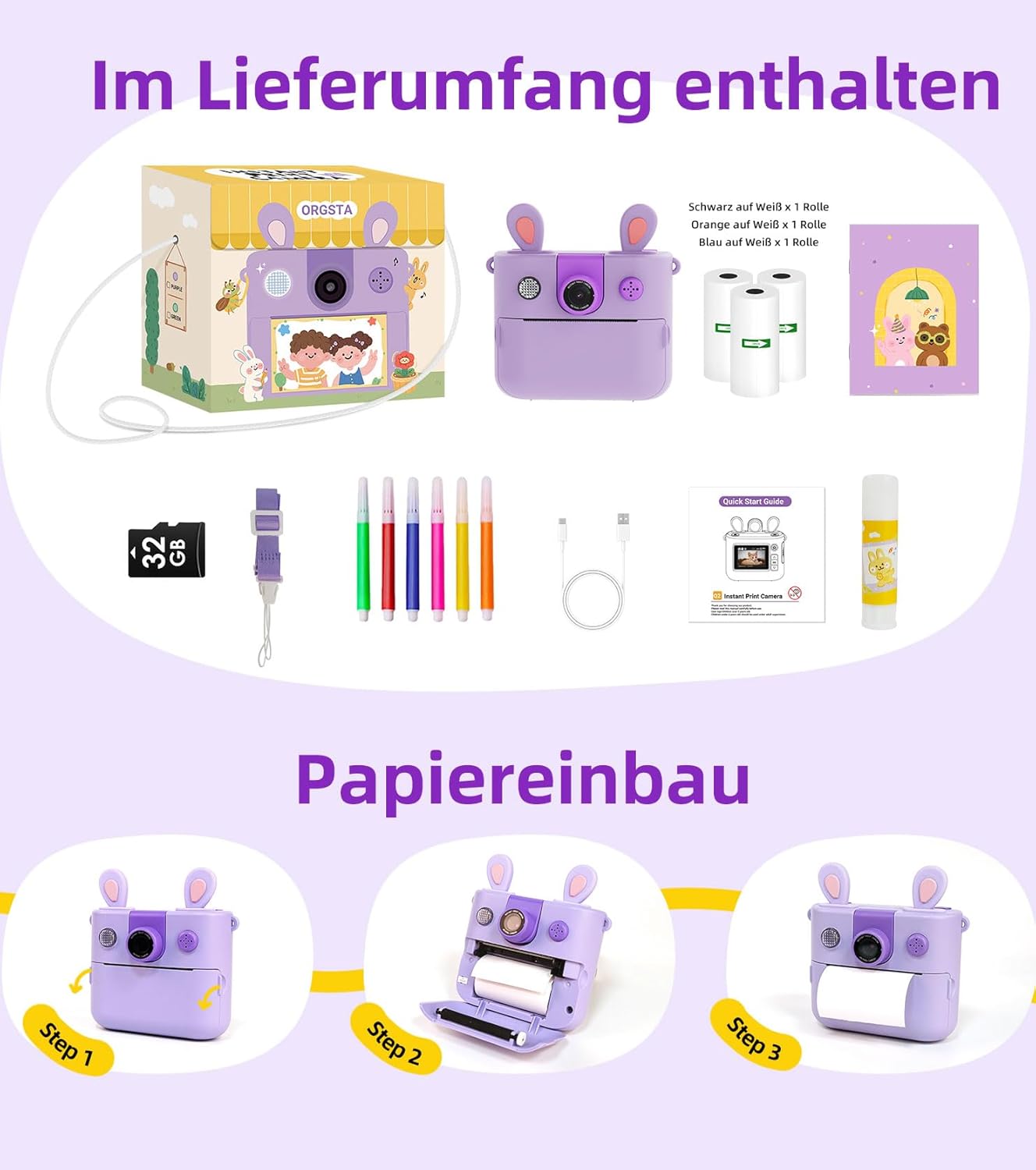 Thumbnail 2 de ORGSTA Macchina fotografica istantanea per bambini con stampa da cellulare, video e audio (3-12 anni)