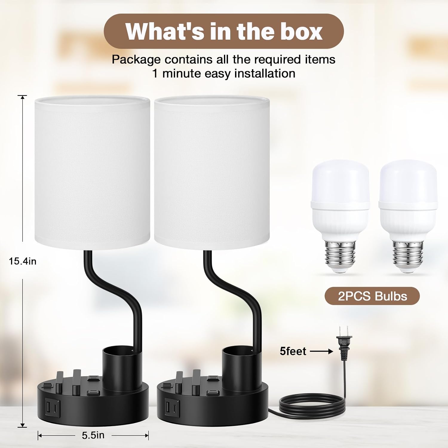 Detalle de Fenmzee Bedside Lamps, Set of 2 with USB-C, AC Outlets and Phone Stands