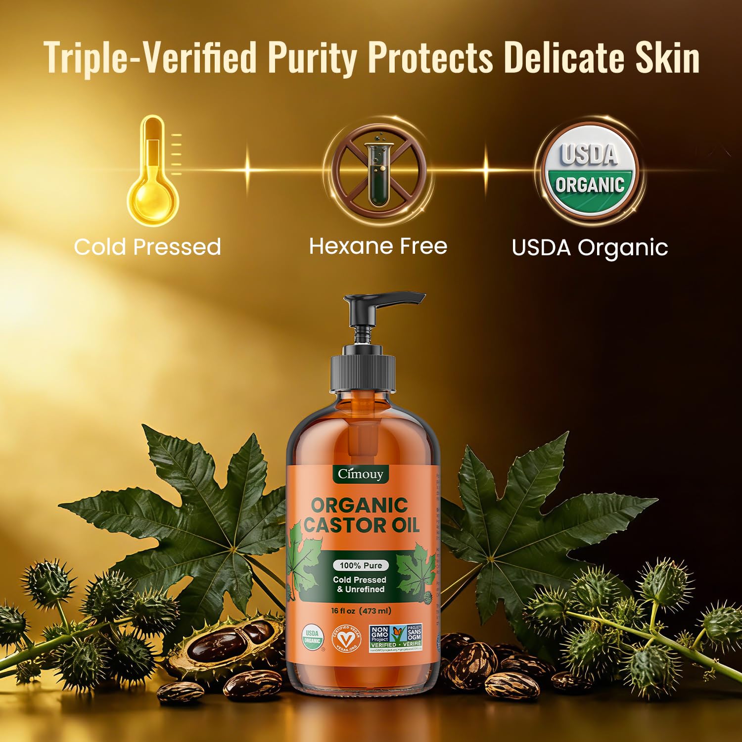 Thumbnail 2 de USDA Organic Hexane-Free Castor Oil in 16oz Dark Amber Glass Bottle (Vegan, EWG Verified)