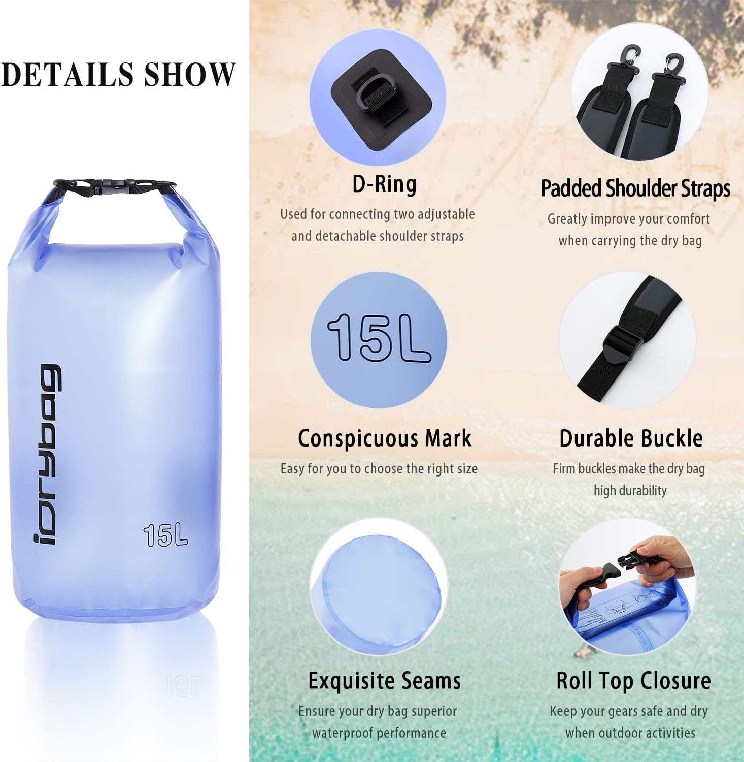 Detalle 2 de IDRYBAG Clear Dry Bag Waterproof (2L/5L/10L/15L/20L) – Clear PVC Dry Sack for Kayaking, Camping & Travel