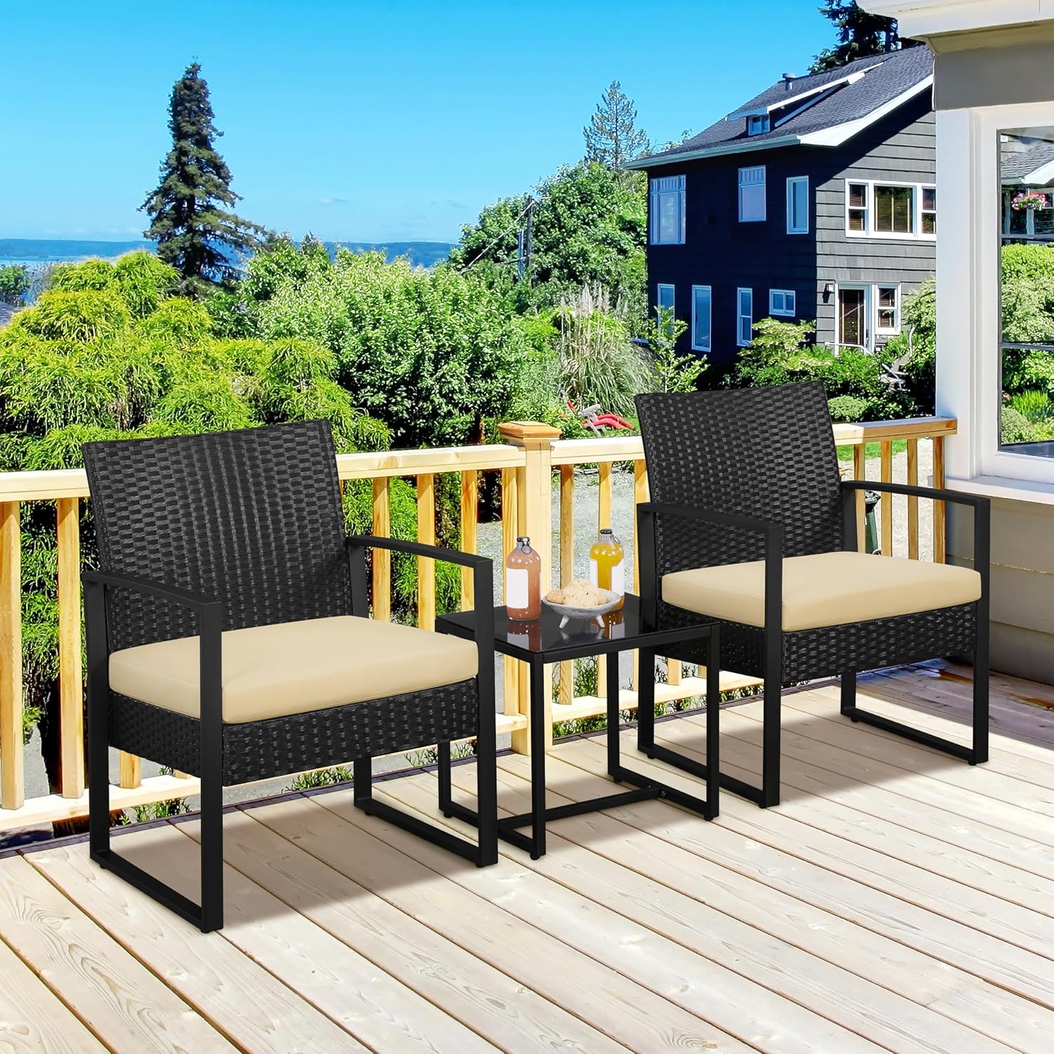 Detalle 2 de Yaheetech Set Mobili da Giardino in Poly Rattan – 2 Sedie e Tavolino da Balcone con Cuscini