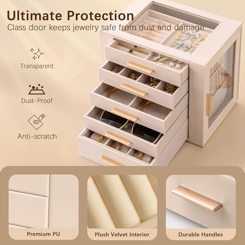 Detalle de Homeanda Schmuckkästchen Groß, 5 Etagen Box mit Glasdeckel, Beige – stilvoll organisiert