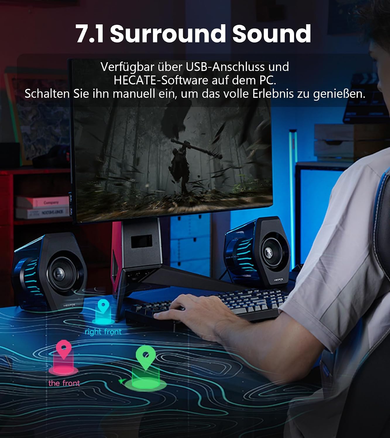 Detalle de Edifier G2000 Pro 2.0 RGB Gaming-Lautsprecher mit Virtual 7.1, Bluetooth 5.4, USB‑C/AUX und TempoFlow-Licht