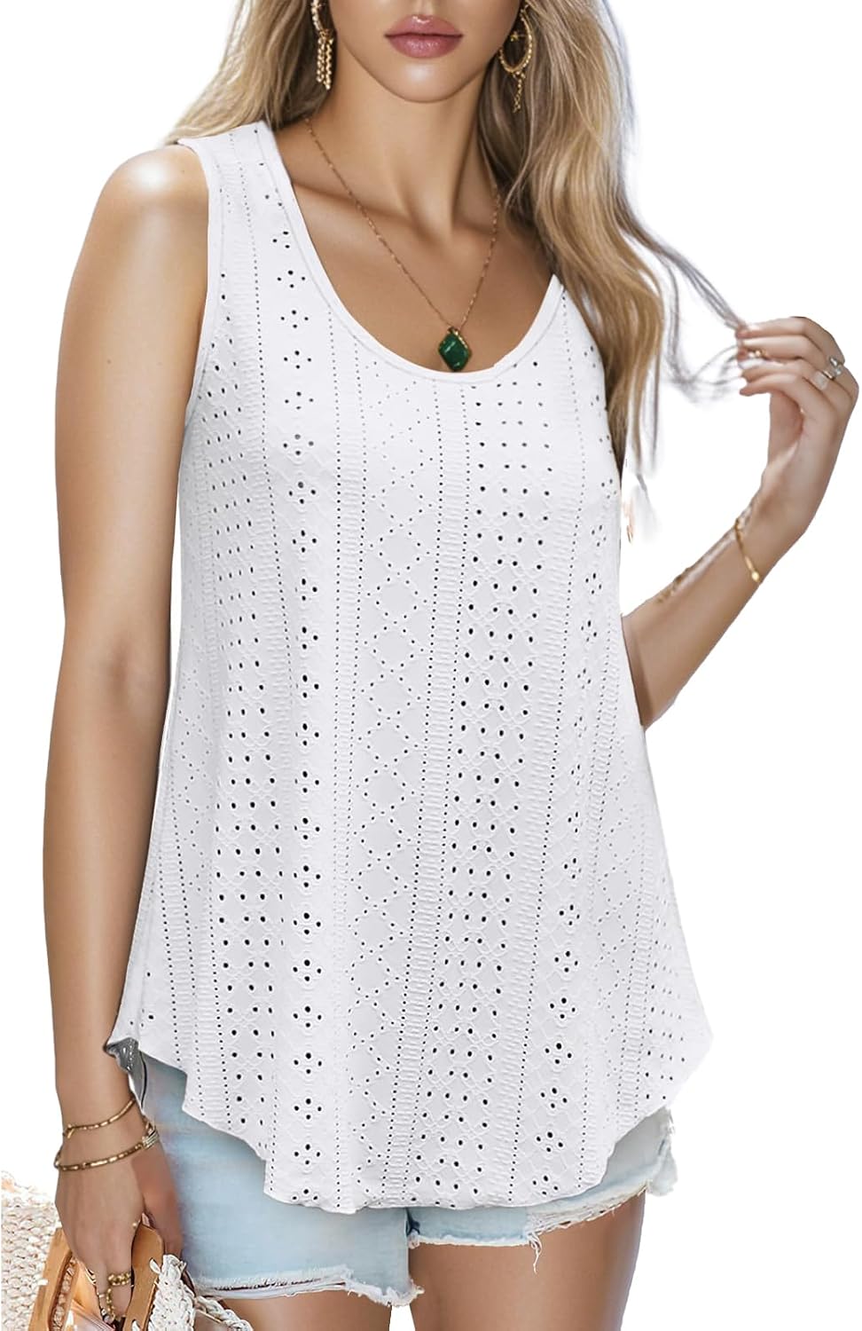 Detalle de SEDEX Women's Loose Fit Tank Top: Sleeveless Vest with Eyelet Embroidery