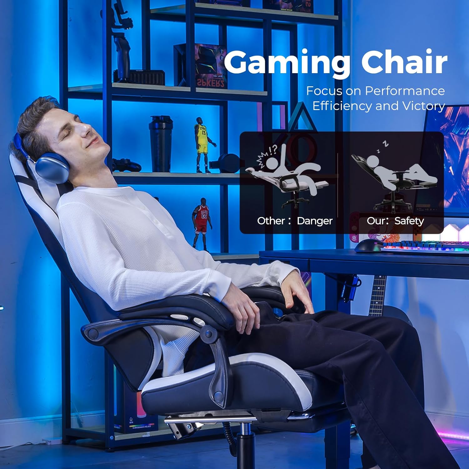 Thumbnail 4 de GTPLAYER Gaming Stuhl mit Fußstütze, verstellbarer Kopf- und Lendenwirbelstütze (weiß)