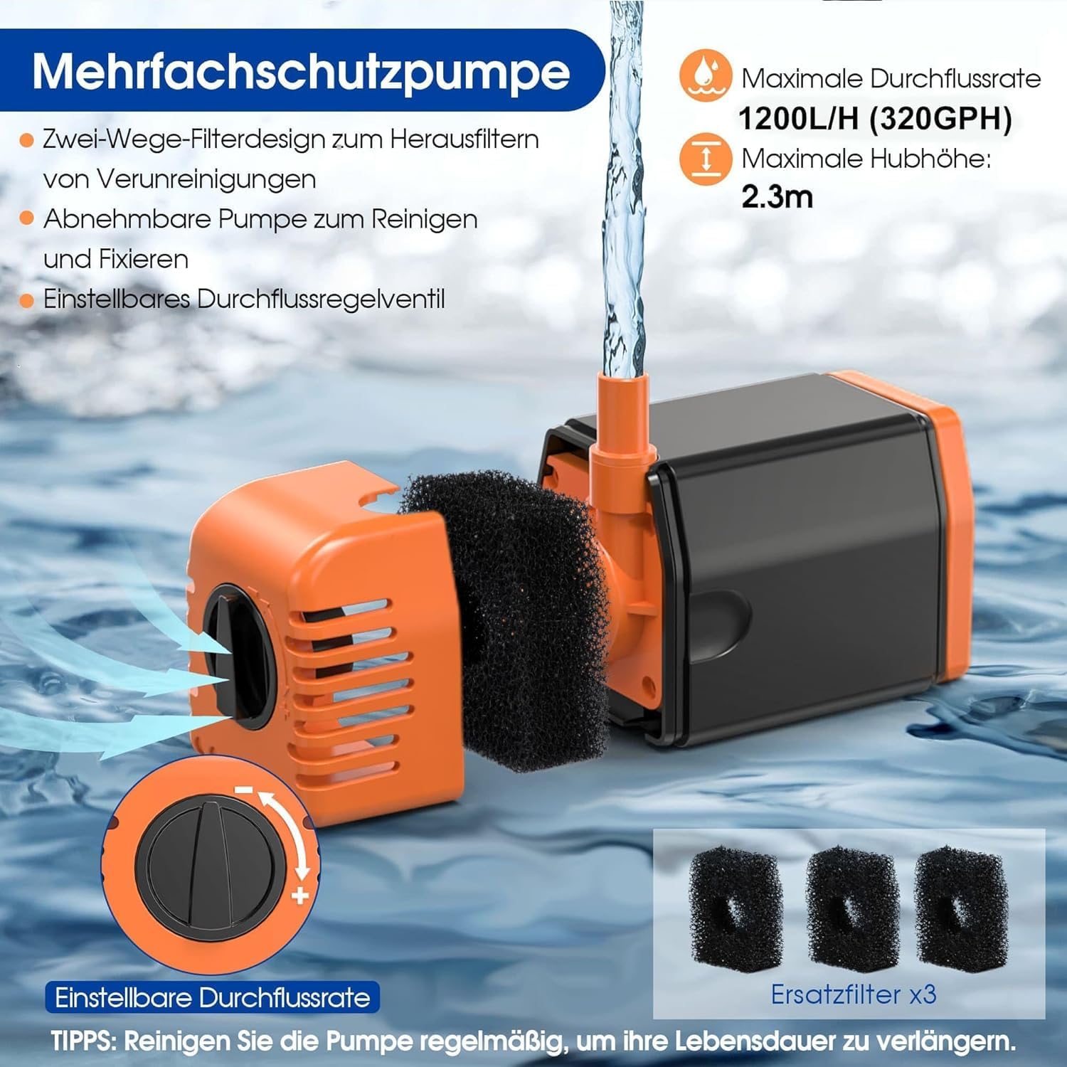 Detalle de Biling 25W Solarbrunnen für draußen mit 4 Düsen – 1200 L/H, 2 m Schlauch, 5 m Kabel