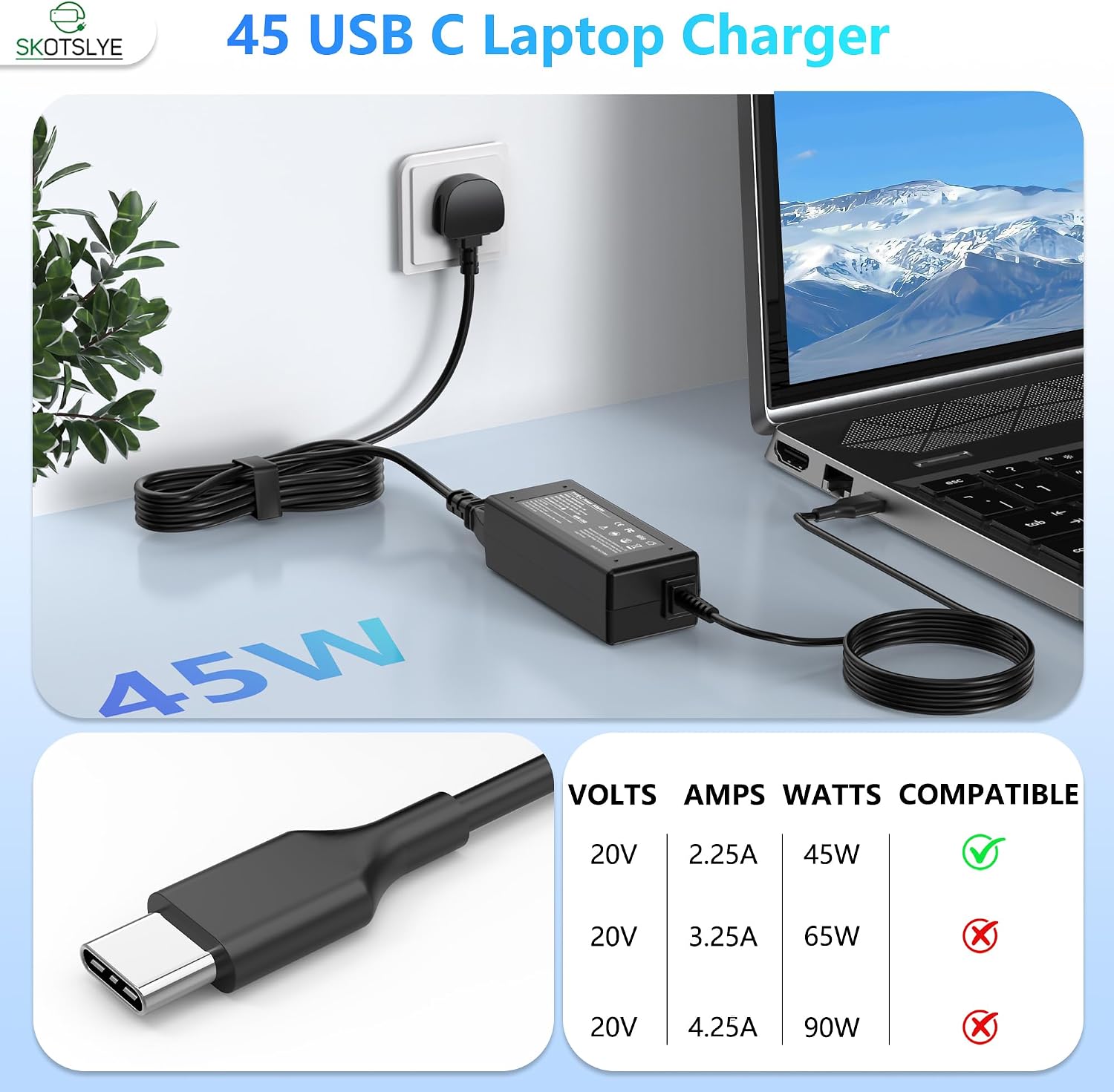 Detalle de SKOTSLYE 45W USB-C Laptop Charger: Compact, fast charging for HP, Dell, Lenovo and more