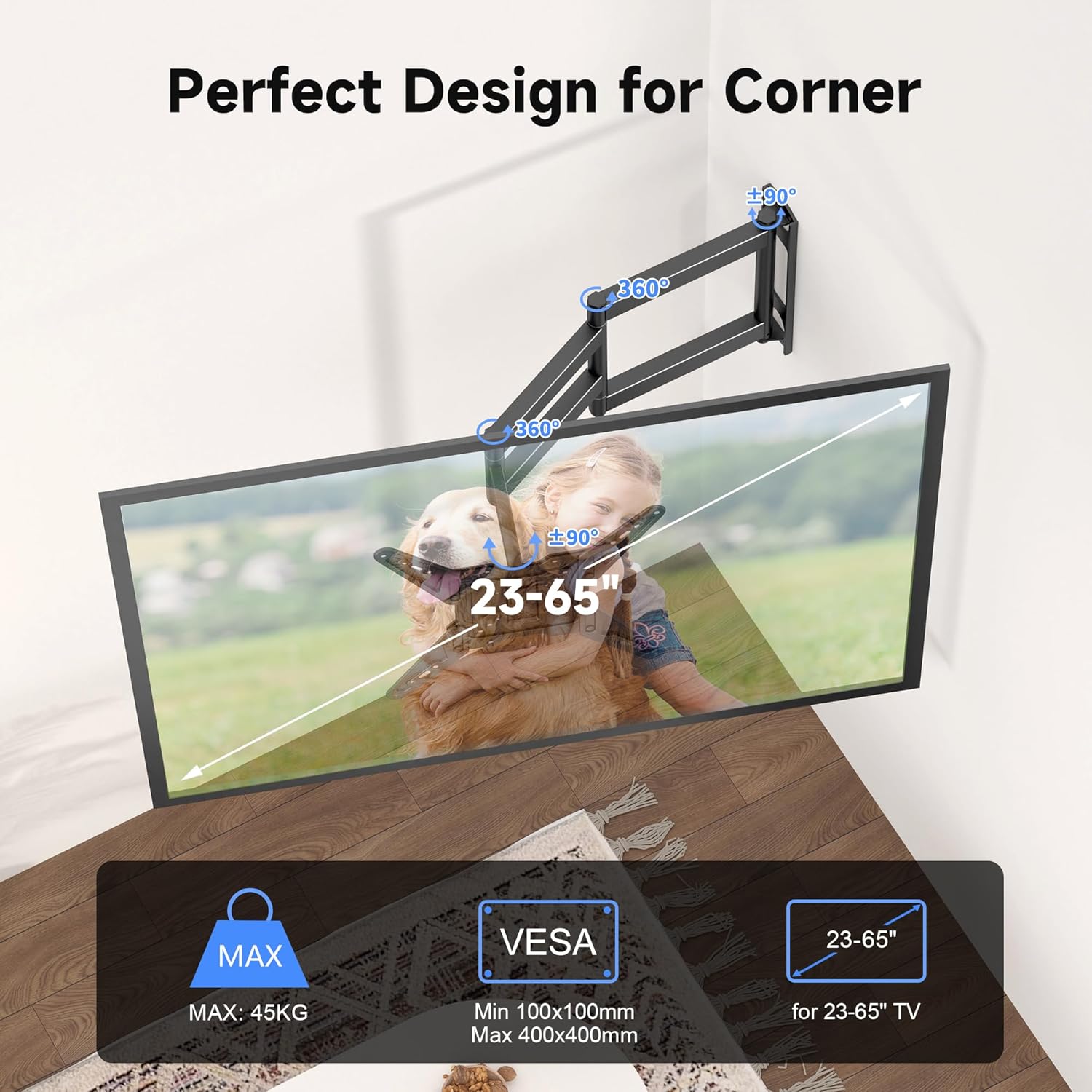 Detalle de XINLEI TV Wall Bracket Tilt Swivel Wall Mount (23–65"), Extendable up to 748mm