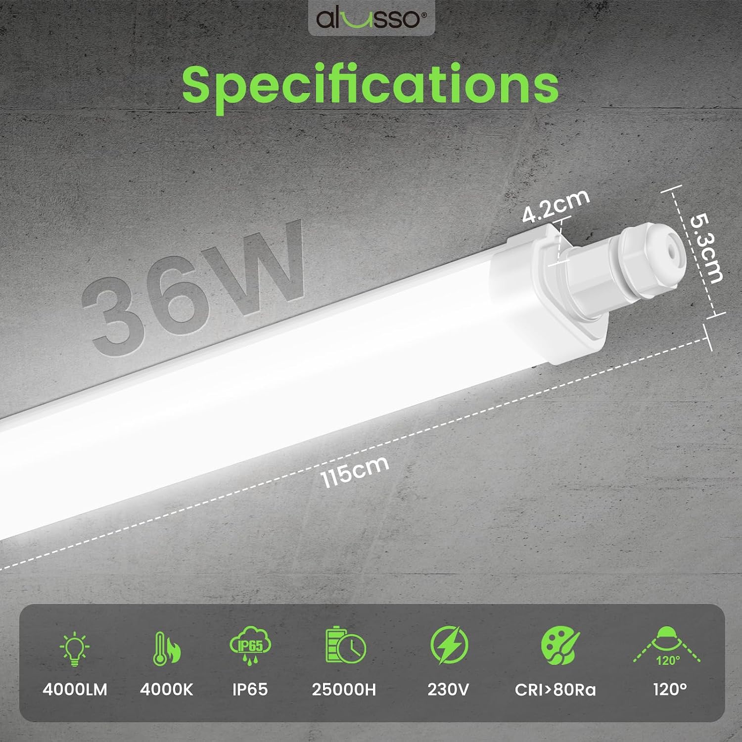 Thumbnail 1 de ALUSSO LED Feuchtraumleuchte 2-Stück 115 cm – 36W, 4000 lm, IP65, Neutralweiß 4000K