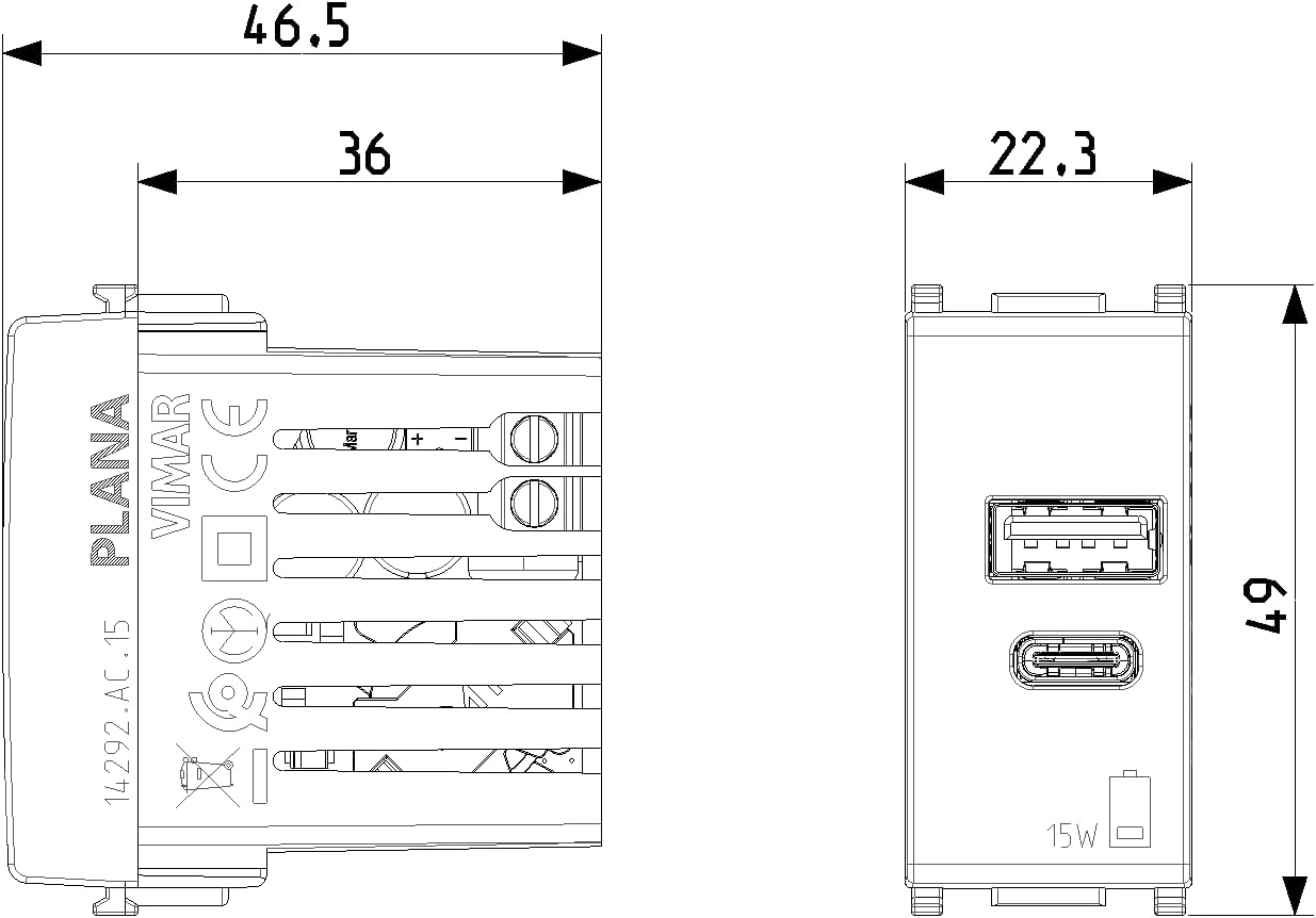 Detalle 2 de Vimar 14292.AC.15 Plana Alimentatore USB 15 W: carica contemporanea USB-A e USB-C
