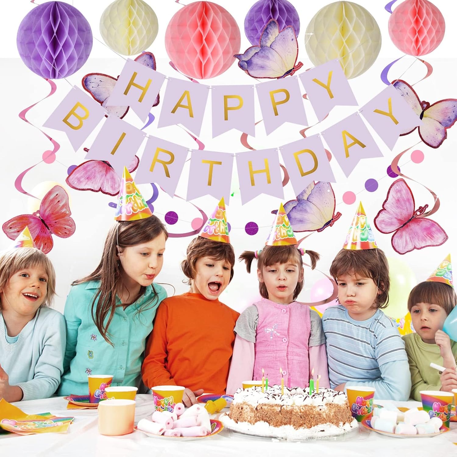 Thumbnail 4 de Lsoar Lila Geburtstagsdekorationen: Happy Birthday Banner mit Schmetterlingen, Honeycomb-Bällen & Luftschlangen