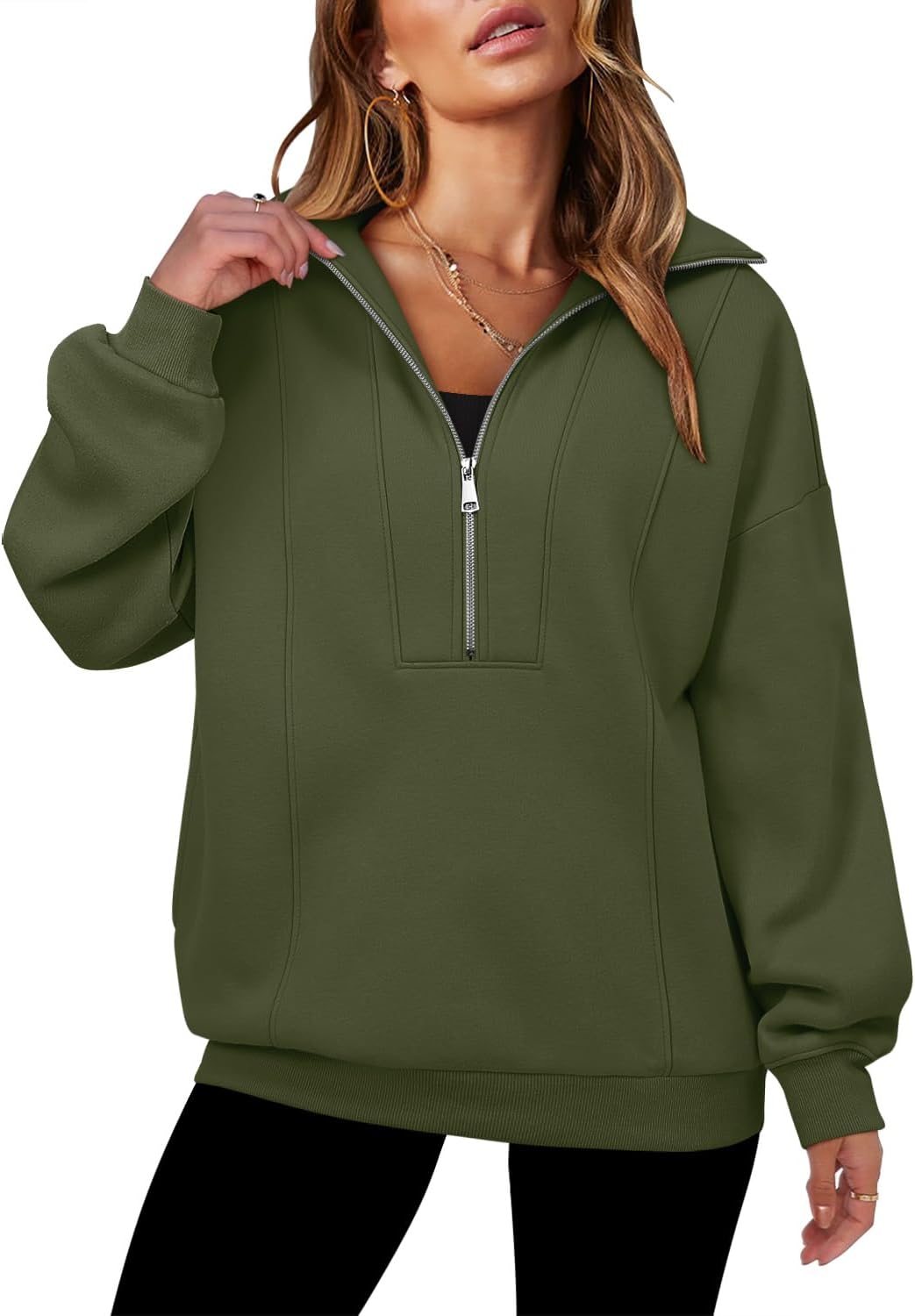 Detalle de onlypuff Women's Half-Zip Pullover Hoodie, Oversized Long-Sleeve Fit with Pocket