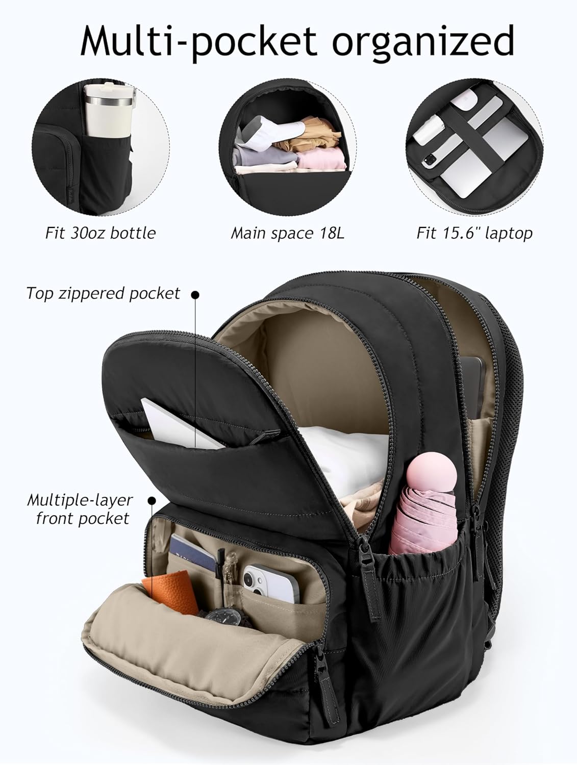 Detalle 2 de Uselike Travel Backpack for Women — 15.6 Inch Laptop, Quilted, Water-Resistant (Black)