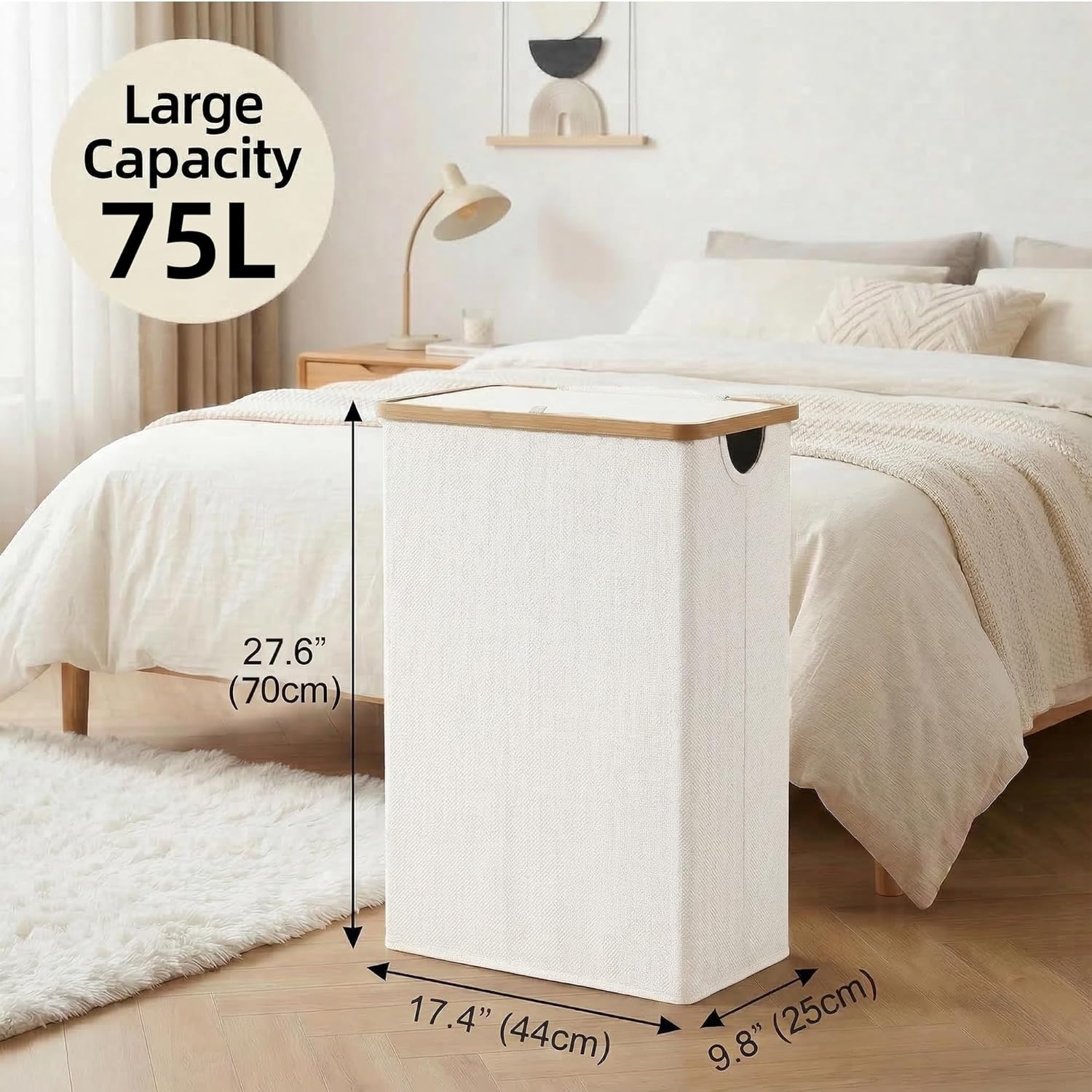 Detalle de efluky 75L Slim Laundry Basket with Lid – Collapsible, with Removable Inner Bag (Beige, Slim 75 Litres)