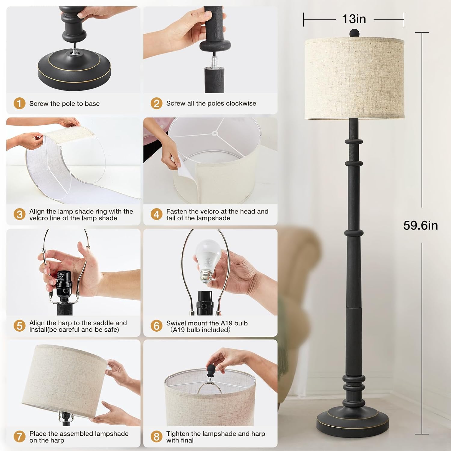 Thumbnail 6 de EJIAXIN 60" Resin Farmhouse Floor Lamp with Adjustable Color Temperatures (Black, Linen Shade)