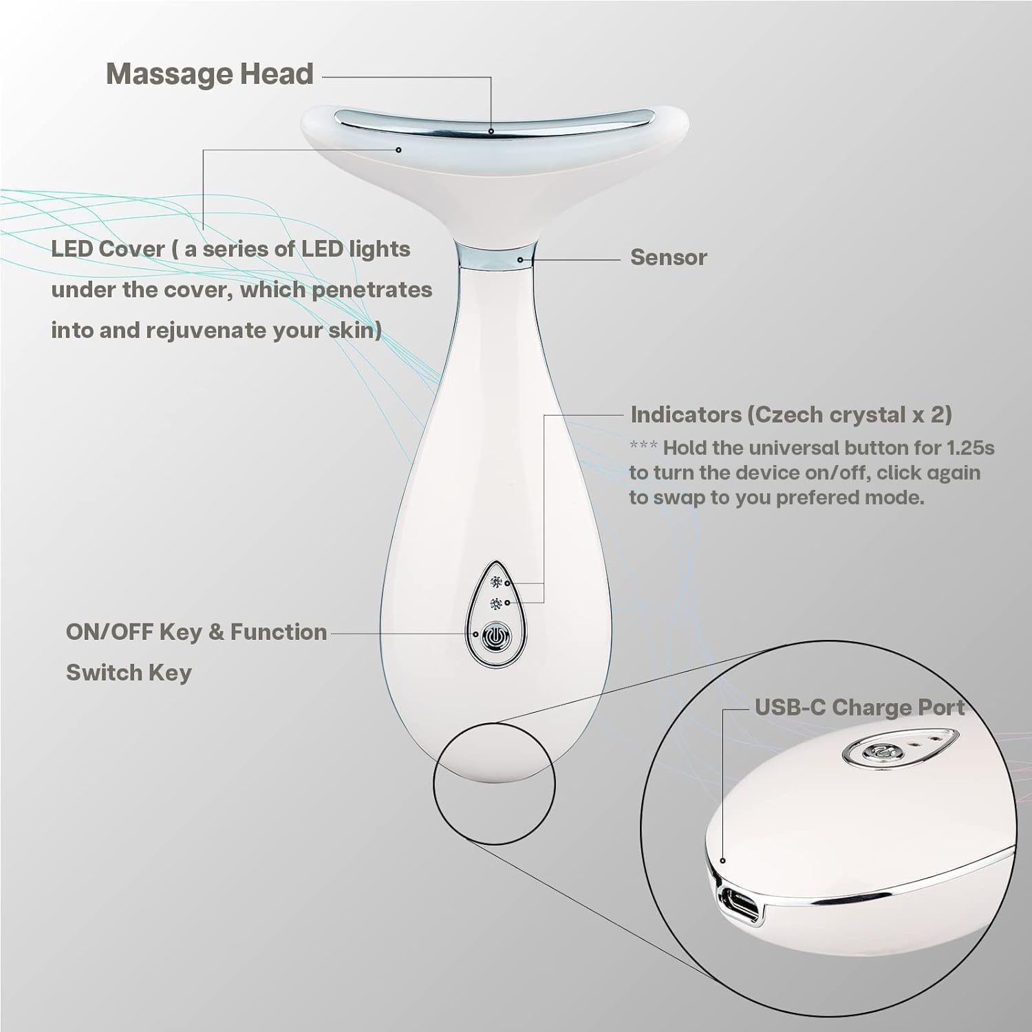 Detalle 2 de VRAIKO LILY Massaggiatore viso-collo: tripla azione LED, vibrazione regolabile e calore per rassodare la pelle