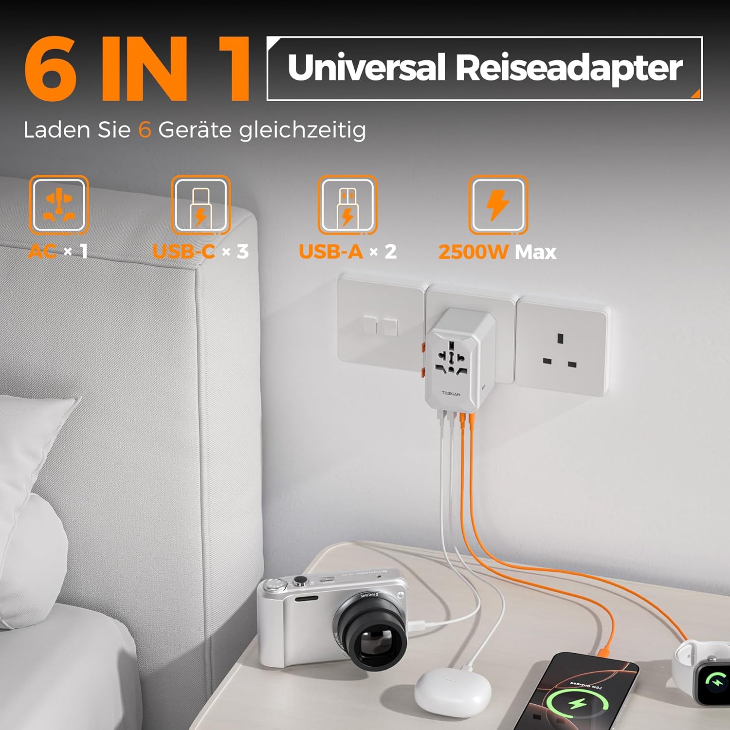 Thumbnail 2 de TESSAN Reiseadapter 2500W mit 3 USB‑C und 2 USB‑A 🔌