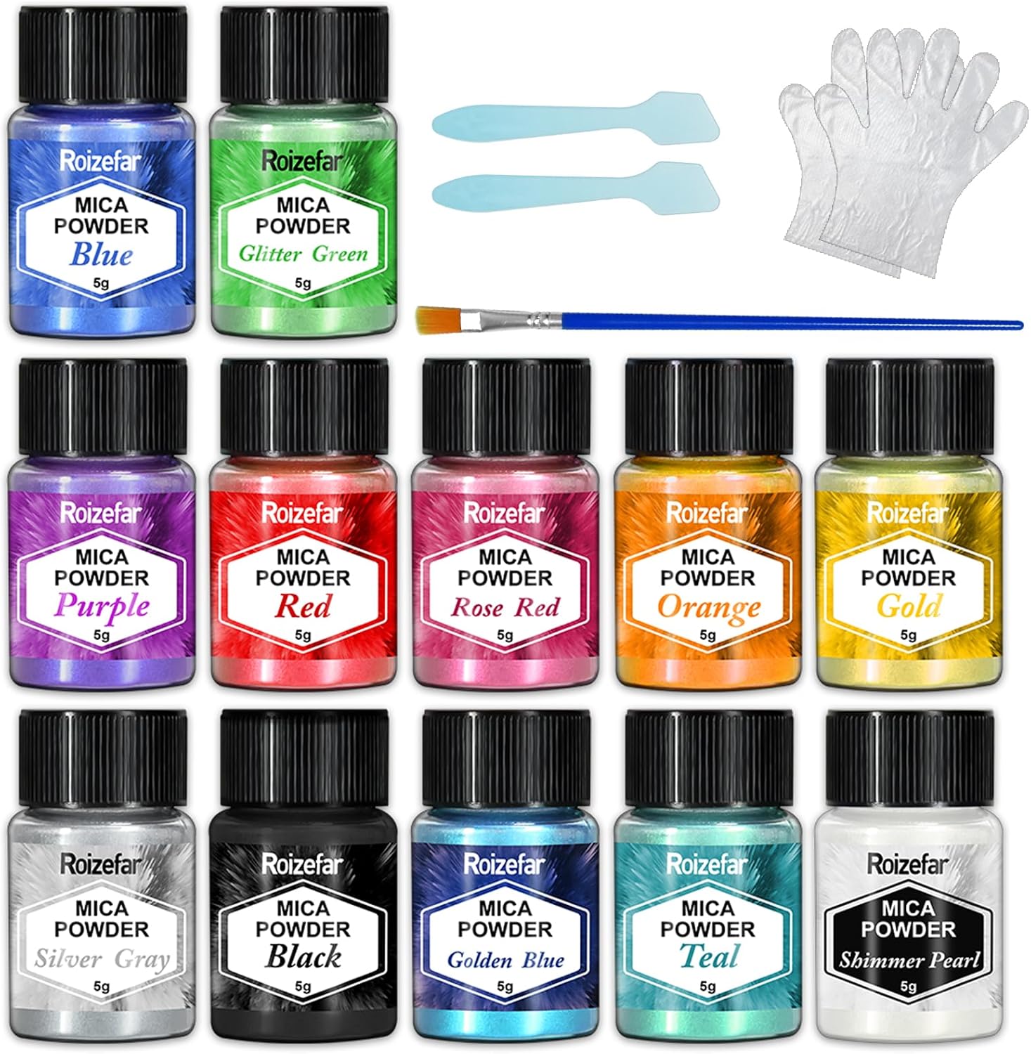 Detalle de Roizefar Mica Powder (12 colours, 5 g each) pearlescent epoxy resin pigment for soap, candles, bath bombs and nail art