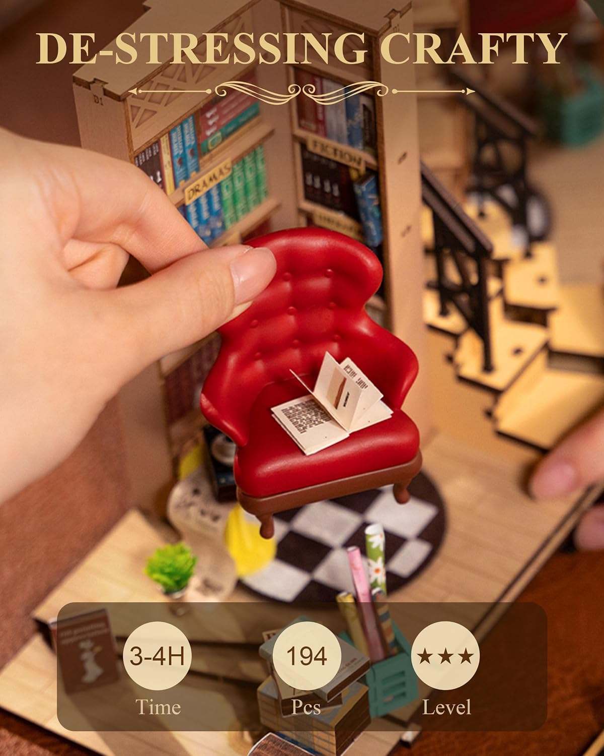 Detalle de Rolife Book Nook Kits for Adults (TGB07) – Shakespeare Bookstore DIY miniature with LED light