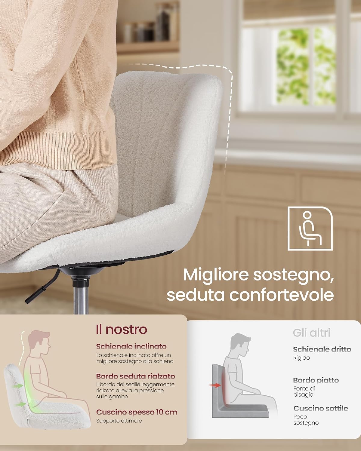 Detalle 2 de VASAGLE Sgabello da trucco con schienale LJB160WD01, girevole 360° e altezza regolabile