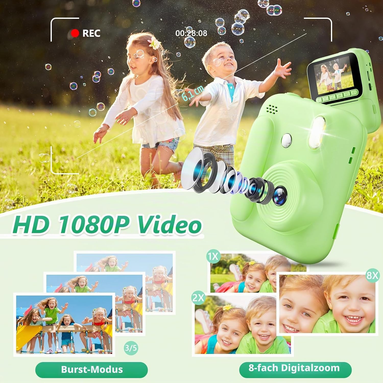 Detalle de Naxup Sofortbildkamera für Kinder – 1080P, Druckpapierfarben, 32GB & kreative Extras (Grün)