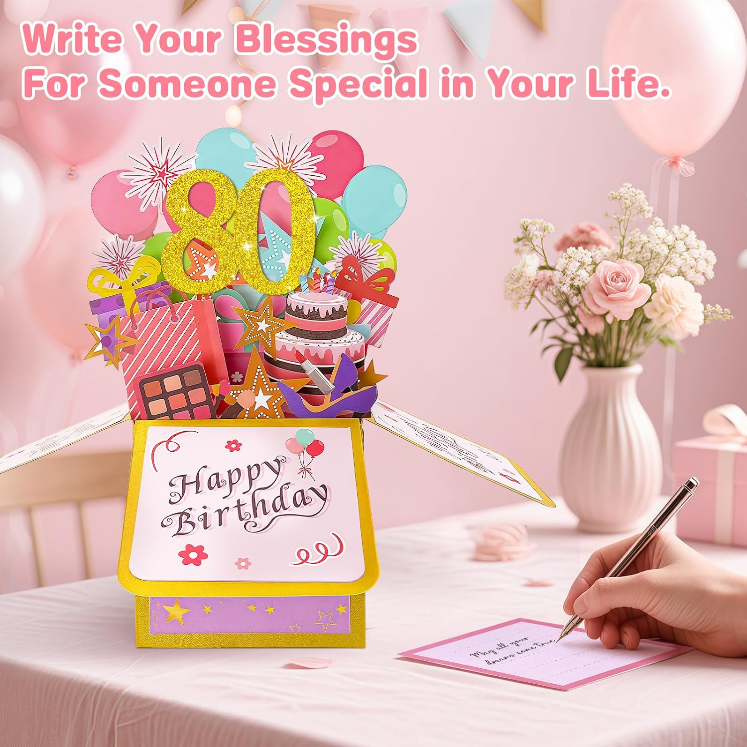 Detalle 2 de Hierein 80th Birthday Card for Women – Pink Pop Up 3D Gift Box Card